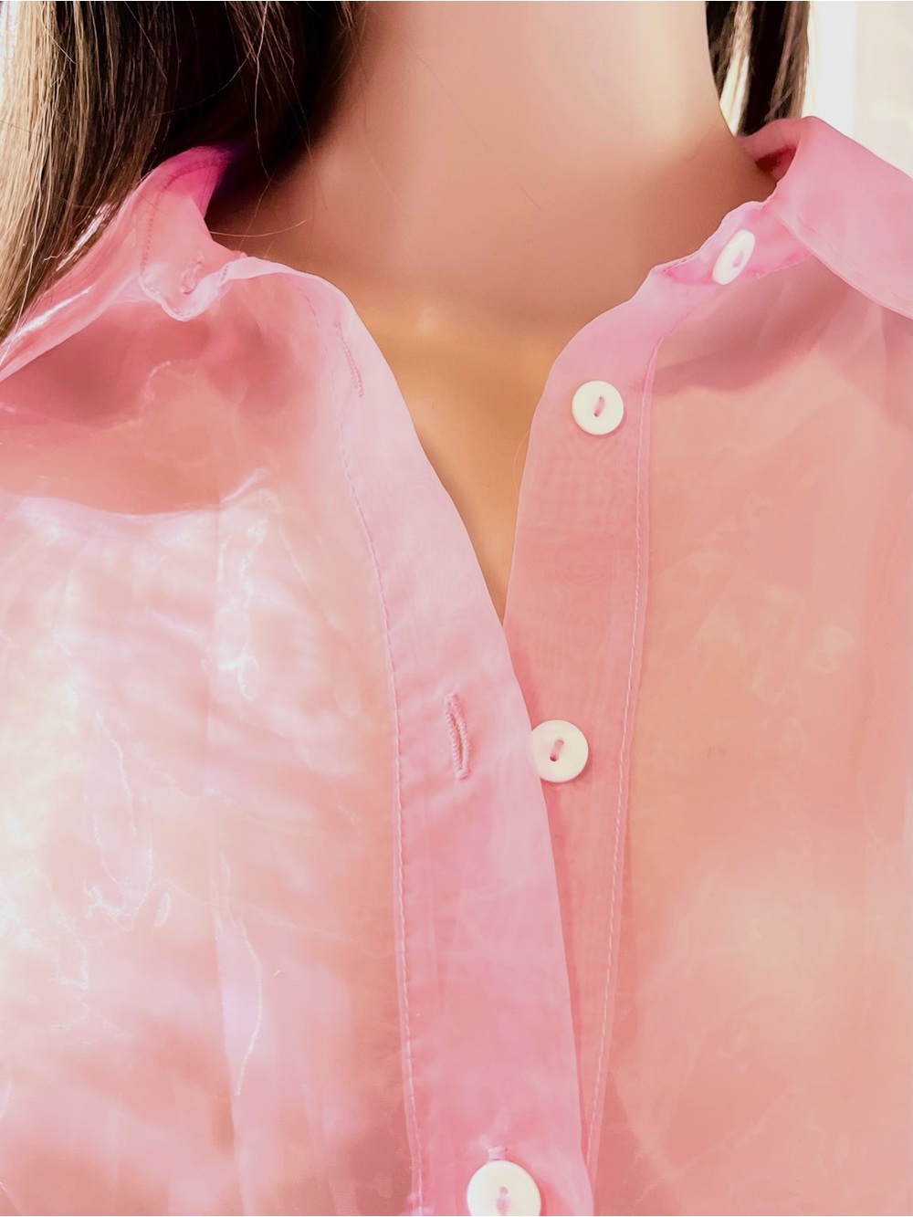 Nicole Miller Pink Sheer Button Down Blouse M Collared Tunic Beach Cover Up - Picture 6 of 7